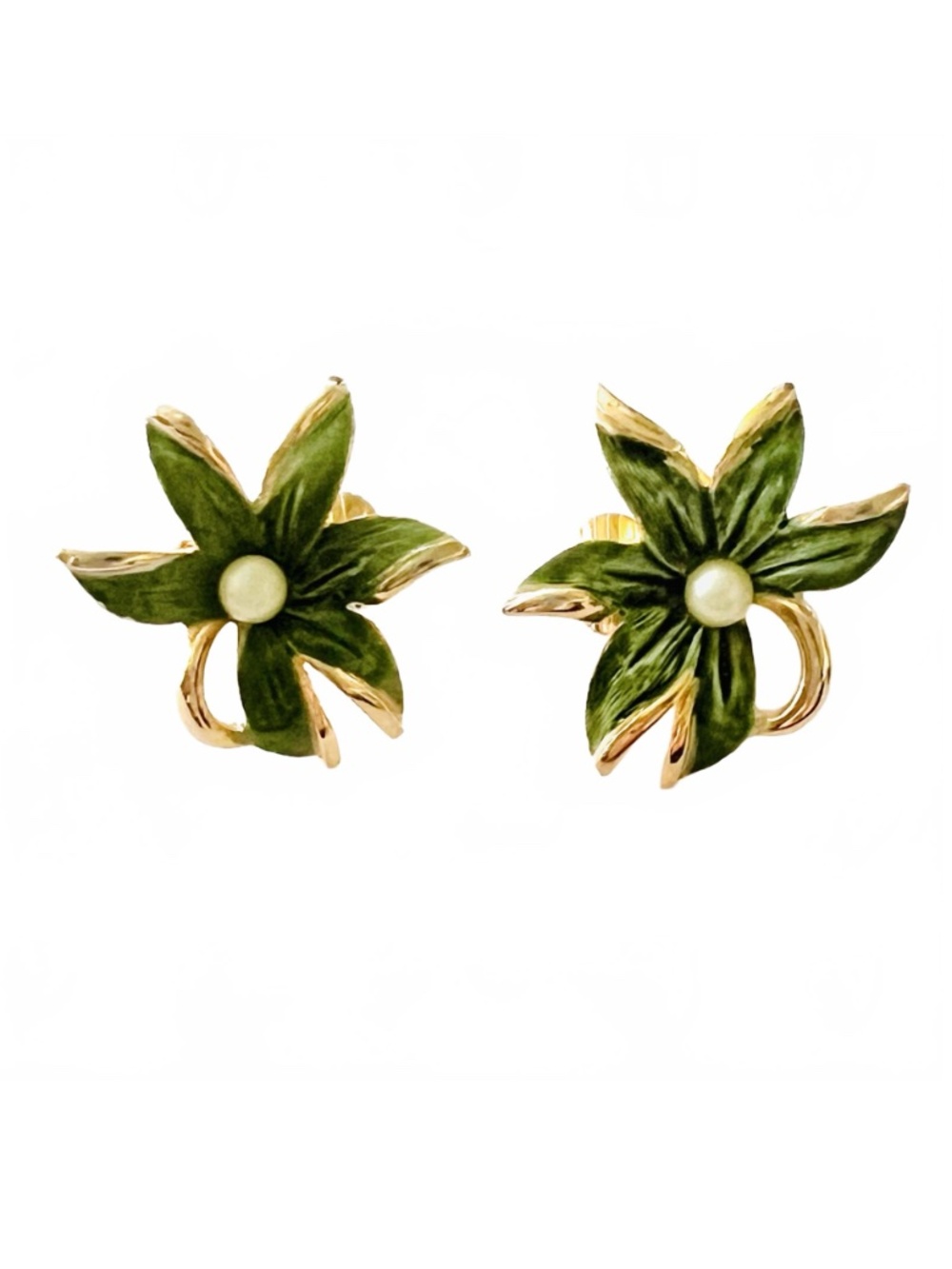 Vintage Emmons Floral Earrings Clip-on, Green Gold-tone